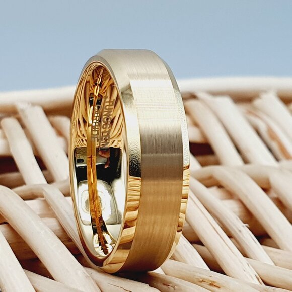 Men's Gold Wedding Ring, Brushed and Polished Ring, GALTUN747 - Picture 1 of 10